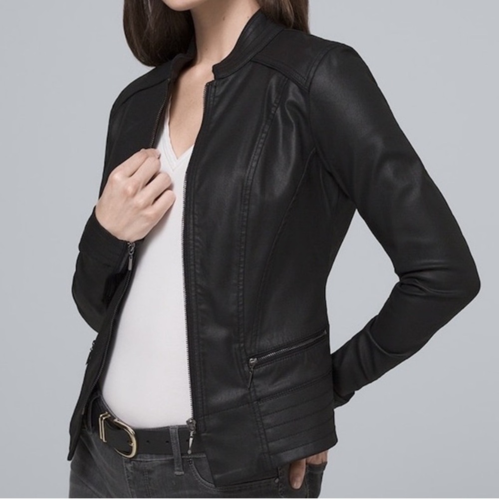 WHBM Coated Moto Jacket Black “Leather” with Silver Accents